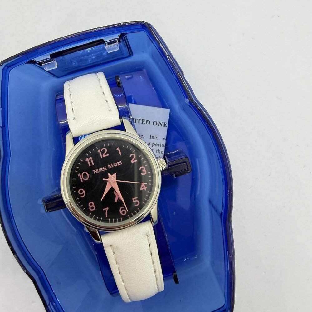 Nurse Mates Ribbon Awareness nurse watch water-resistant Leather strap - White